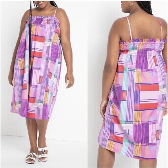 Eloqui Size 14 Shift Dress Smocked Bodice Empire Gathered Color Block Midi Large - Picture 9 of 9